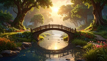 A wooden bridge arches over a sunlit stream—ritual of tranquility and reflection, where golden light and floral accents choreograph nature’s quiet passage through time.