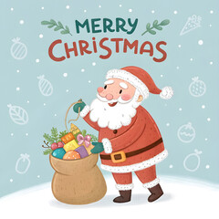 merry christmas text with santa claus cartoon char