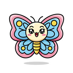 Cute cartoon butterfly with pink and blue wings and a happy face.