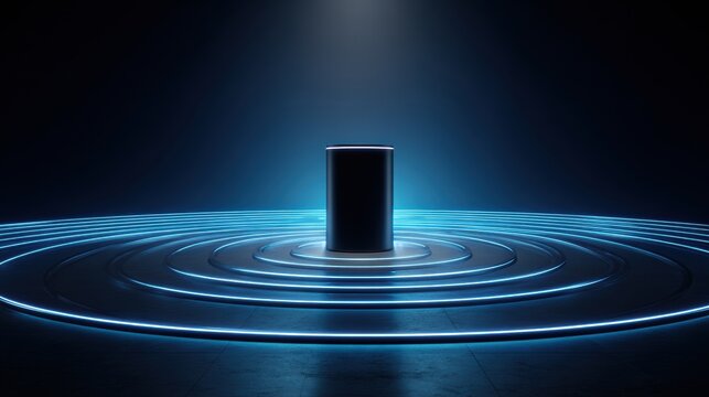 Minimalist black cylinder with concentric neon blue circles. Sleek and futuristic.