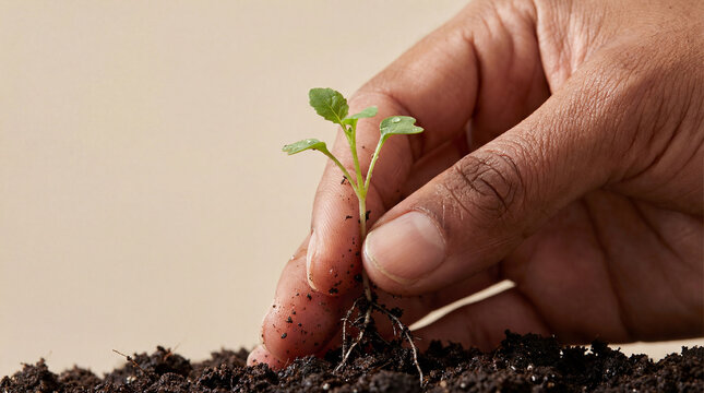 A hand holding a plant sprout