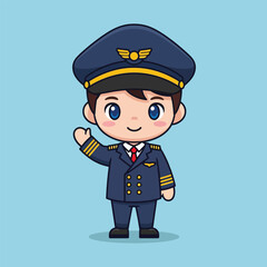 Cute Cartoon Male Pilot Character in Dark Blue Uniform Waving.