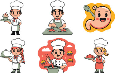 Fototapeta premium Cartoon Chefs and Happy Stomach Illustration, Different Culinary Tasks and Chefs at Work in a White Background