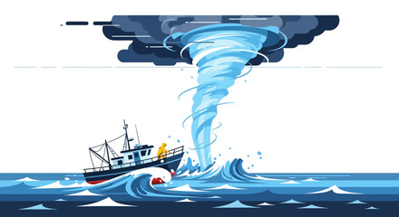 Illustration of a Fishing Boat Caught in a Waterspout Storm Amidst Turbulent Seas