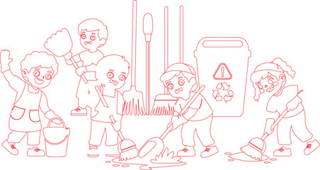 Obraz premium Cartoon Children Cleaning with Brooms, Mops, and Bucket in Red Outline Illustration Style