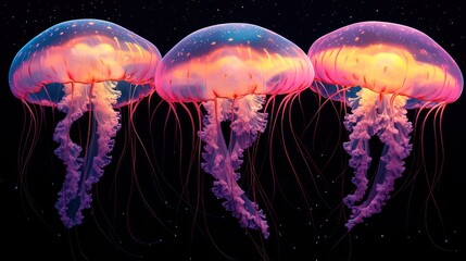Three glowing jellyfish against a dark background