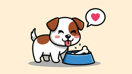 Cute cartoon puppy happily eating a bone from a blue bowl with a heart icon.