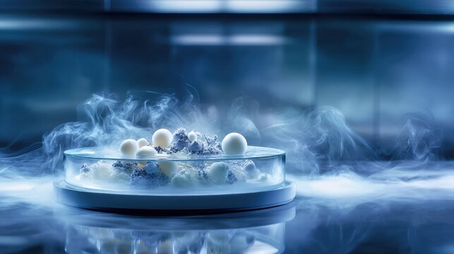 Ethereal dessert on a petri dish-like surface, engulfed in cool-looking vapors.