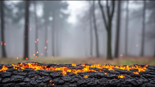 Burnt wood glowing ember forest fog ash char fire spark heat texture smoldering log misty woodland, soft bokeh trees, warm orange glow and drifting embers create dramatic contrast and moody scene