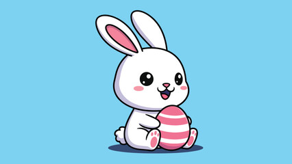 Cute Cartoon White Bunny Holding Striped Easter Egg.