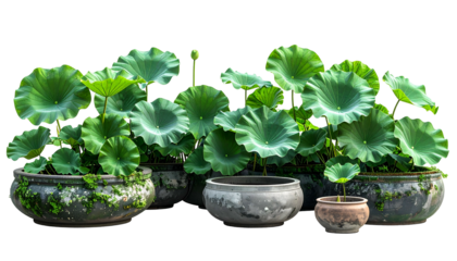 Potted lotus plants with large, green leaves and buds, arranged in various stone pots