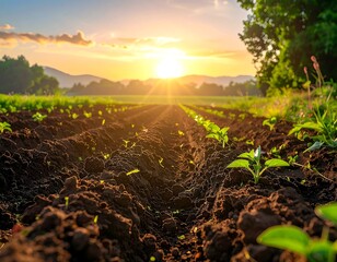 Sunrise over plowed field with nascent plants, sun rays, and distant mountains
