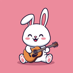 Cute cartoon white rabbit happily playing acoustic guitar.