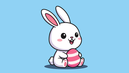 Cute cartoon white rabbit holding a pink striped Easter egg.