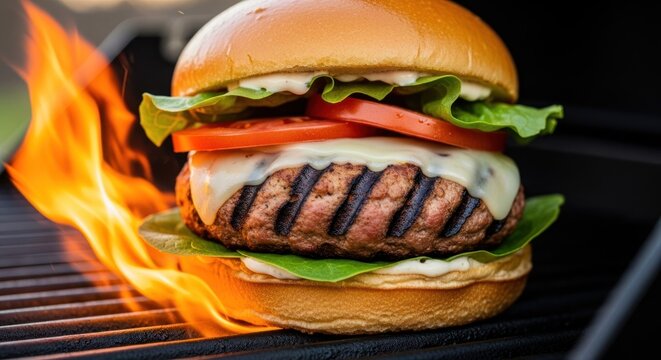 A juicy burger with lettuce and tomato on a grill with flames. - Powered by Adobe
