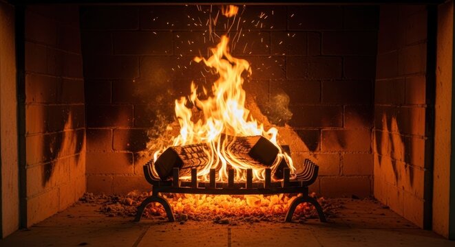 A cozy fireplace with burning logs and flames, emitting warm orange and yellow light. - Powered by Adobe