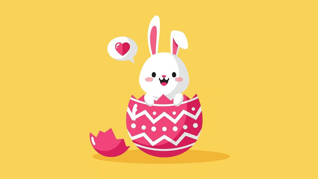 Cute cartoon white bunny emerging from broken pink Easter egg illustration.