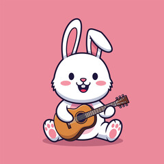 Cute White Cartoon Rabbit Playing Acoustic Guitar Happily.