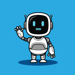 Cute white cartoon robot waving hello with friendly expression.