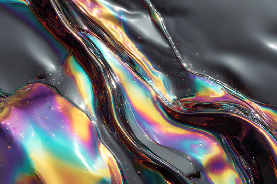 dark fluid with iridescent rainbow shine creating dramatic shifting colors and a glossy vibrant texture - Powered by Adobe