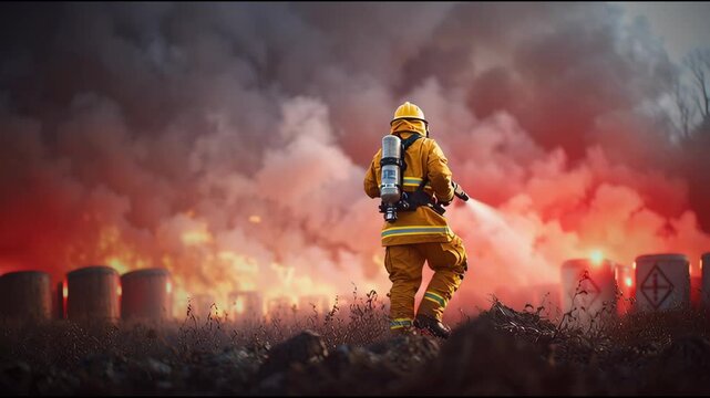 Firefighter foam blaze chemical smoke industrial emergency hazard protective hose, courageous rescue with intense blaze and heavy smoke industrial zone, urgent response shows protective gear and hose