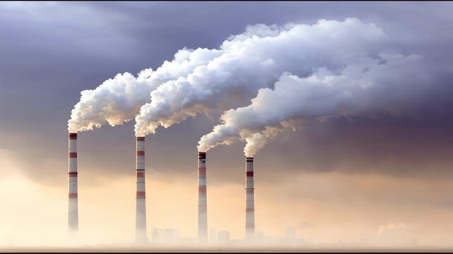 Smokestack industrial pollution factory skyline urban haze cloud chimney emission, row of tall smokestack line and heavy emission over urban skyline, industrial district smoke plume merging into