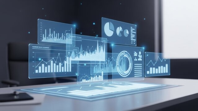 Futuristic Data Visualization Interface on Office Desk, Immersive Business Analytics Dashboard for Informed Decision-Making