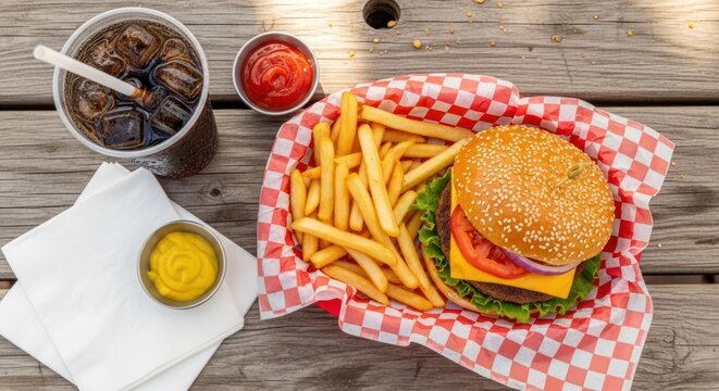 A delicious burger with fries and a drink on a wooden table. - Powered by Adobe