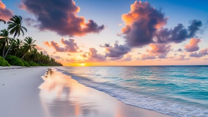 Beautiful tropical beach at sunset with palm trees and colorful clouds reflecting on wet sand