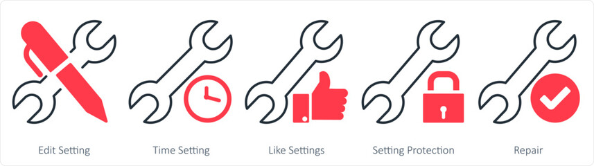 A set of 5 contact icons as edit setting, time setting, like settings