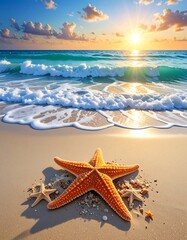 Sunrise over sandy beach with starfish and foamy ocean waves