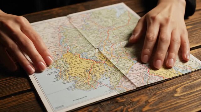 Hands carefully unfolding a detailed road map on a rustic wooden table planning a travel adventure and exploring new destinations for a future vacation or road trip journey