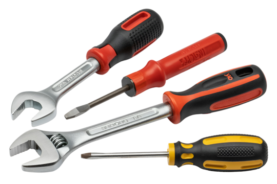 Collection of assorted hand tools including wrenches and screwdrivers isolated on transparent background
