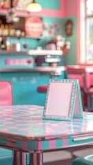 Diner interior with a table, blank menu holder, and retro pink and teal color scheme