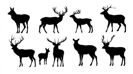 Fototapeta premium Deer silhouette vector illustration bundle featuring multiple stag and doe poses in simple black outlines on white background for wildlife design and nature artwork