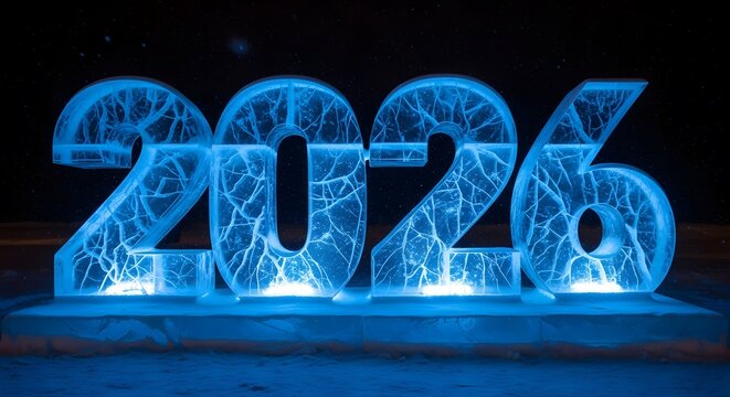 Icy 2026 new year s eve celebration sculpture on black background - Powered by Adobe