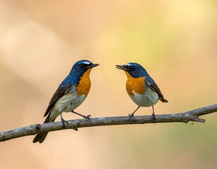 Fototapeta premium Two colorful birds perch on a branch against a blurred natural background