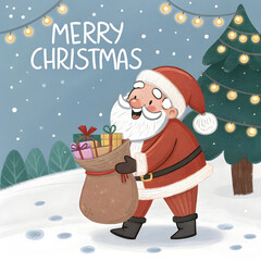 merry christmas text with santa claus cartoon char