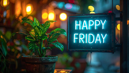 Happy Friday neon box beside potted green plant glowing  in artistic bokeh night photography aesthetic
