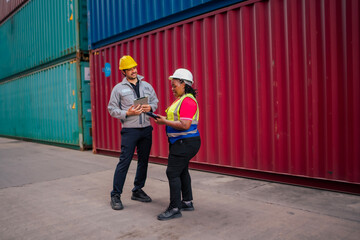 Workers gather to review daily logistics tasks, including freight inspection, routing decisions, and cargo tracking updates. The container yard workflow of modern transportation and distribution.