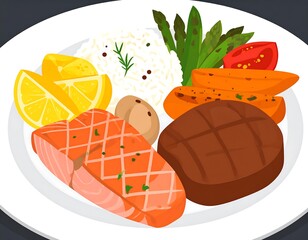 Dinner plate with salmon, steak, rice, asparagus, and sweet potato on a white dish