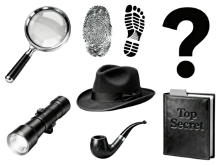 Detective Mystery Illustration: Magnifying Glass, Footprint, Question Mark, Hat, Torch