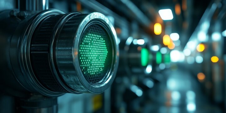 Green light showing biohazard symbol in industrial pipeline system