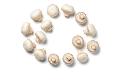 Fresh whole button mushrooms artfully arranged in a circle on a pristine white background.