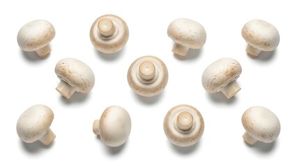 Fresh white button mushrooms scattered on a clean background, ready for cooking.