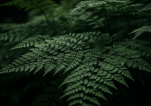 Lush green ferns in a dark and mysterious forest capturing natural beauty and botanical textures for design and environmental themes showcasing intricate leaf patterns and organic forms