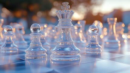 Transparent chess pieces on a board, bathed in golden light