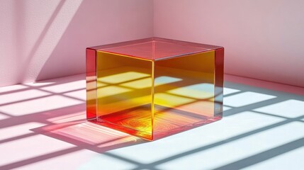 Fototapeta premium Transparent ombre cube on light pink/white floor