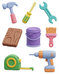Clay Construction Tools: Hammer, Screwdriver, Paint Illustration