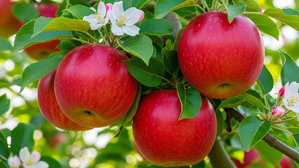 Obraz premium Ripe Red Apples on Tree Branch with Blossoms in Orchard